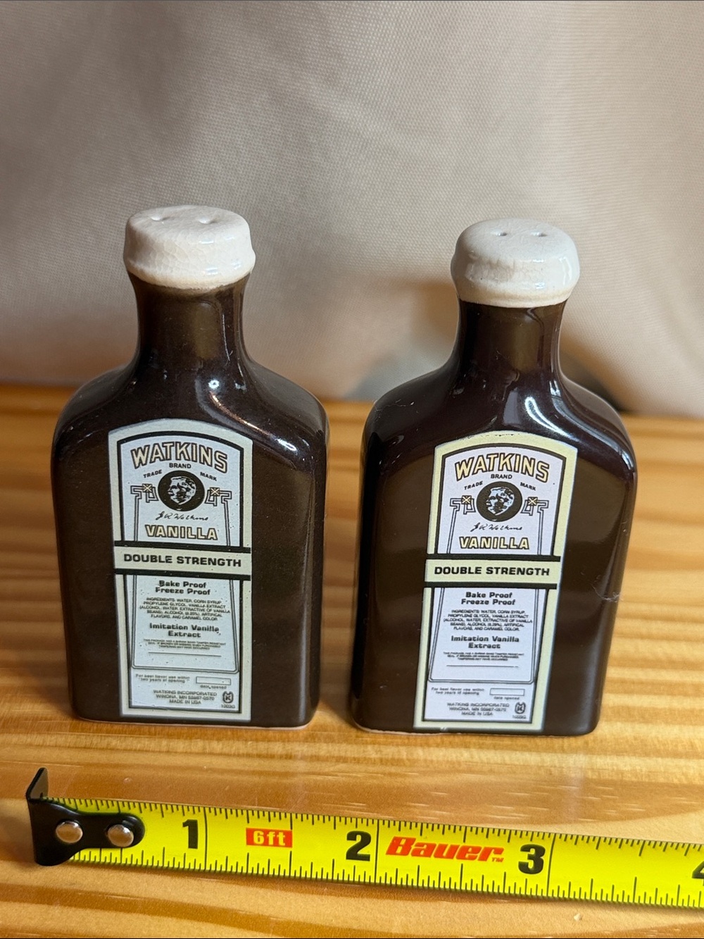 Vintage J.R. Watkins Ceramic Vanilla Bottle Salt & Pepper Shaker Full Set